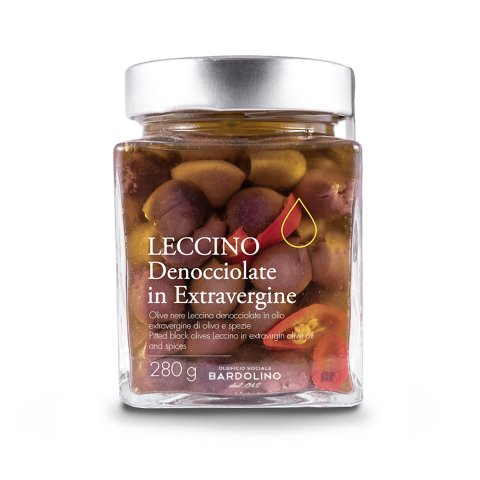 "LECCINO" ENTKERNTE SCHWARZE OLIVEN IN EXTRA VERGINE OLIVENÖL