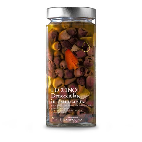 OLIVE NERE DENOCCIOLATE "LECCINO" CONDITE IN OLIO EXTRA VERGINE DI OLIVA